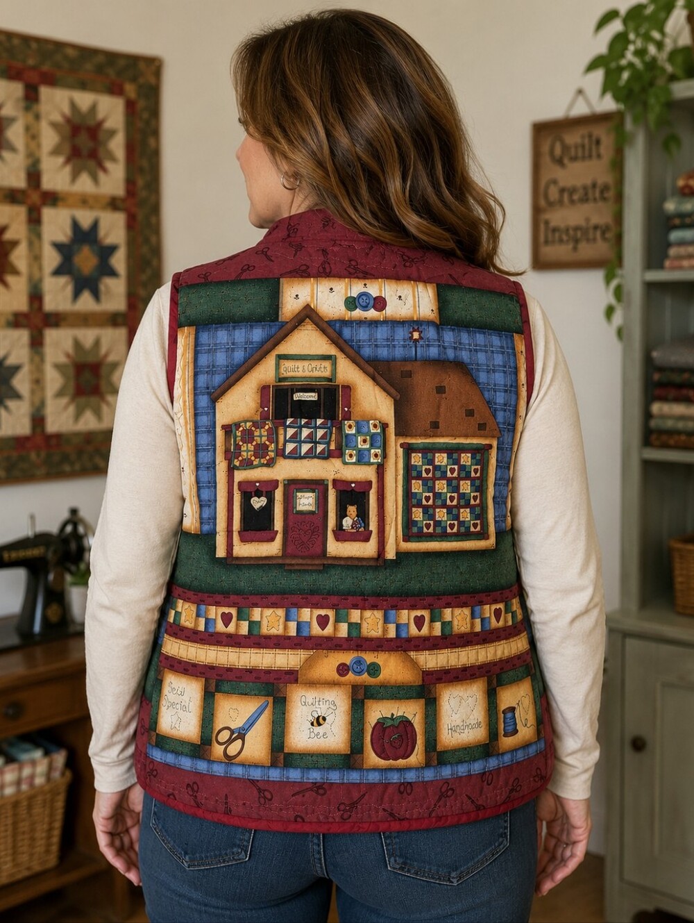 Vintage 90s Red Handmade Sewing Themed Cottagecore Granny Needle Vest Prairie XL